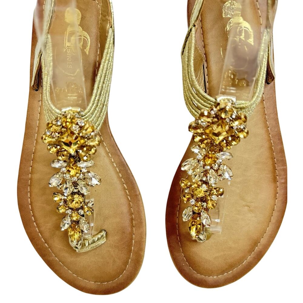 Women's Thong Flat Sandals 7.5 Gold Faux Leather w/ Gold & Clear Gem Rhinestones